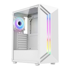   	  	  	White Gaming Case w/ Glass Side Panel, 1x ARGB Fan & Striking Front LED Strips    	  		ATX  	  		Front LED strips  	  		Tempered glass side panel  	  		1 rear 120mm ARGB fan  	  		Up to 240 mm radiator support      	     	Vida's comm