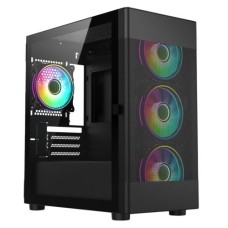   	     	  	Stylish Black Micro ATX Gaming Case w/ Glass Side Panel and 4x ARGB Fans    	  		Micro ATX  	  		Mesh Front  	  		Full tempered glass side panel  	  		2 front 120mm ARGB fans  	  		1 rear 120mm ARGB fan  	  		Up to 280 mm radiator su