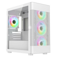   	     	  	Stylish White Micro ATX Gaming Case w/ Glass Side Panel and 4x ARGB Fans    	  		Micro ATX  	  		Mesh Front  	  		Full tempered glass side panel  	  		2 front 120mm ARGB fans  	  		1 rear 120mm ARGB fan  	  		Up to 280 mm radiator su